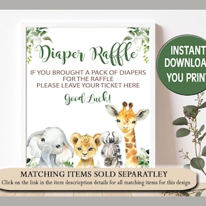 May include: A printable sign for a diaper raffle with a jungle animal theme. The sign features a giraffe, zebra, lion, and elephant with green foliage. The text reads "Diaper Raffle" and "If you brought a pack of diapers for the raffle please leave your ticket here. Good Luck!"