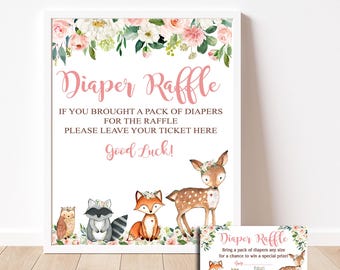 Woodland Diaper Raffle card insert and sign, Girl Pink floral Boho Baby Shower raffle ticket, invitation insert card INSTANT DOWNLOAD  P116
