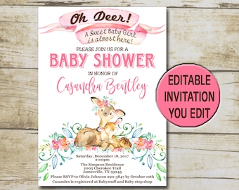 Girl Deer Baby Shower Invitation, Editable invitation template, Printable Pink Girl Woodland Baby shower invite INSTANT DOWNLOAD P50