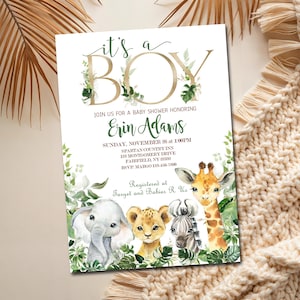 Safari Baby Shower Invitation, Editable invitation You Edit, It's a BOY tropical jungle animals shower, greenery  gold INSTANT DOWNLOAD P155
