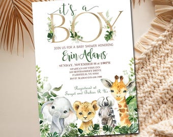 Safari Baby Shower Invitation, Editable invitation You Edit, It's a BOY tropical jungle animals shower, greenery  gold INSTANT DOWNLOAD P155