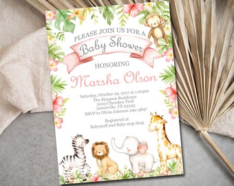 Safari Baby Shower Editable Invitation, Girl Pink Safari Baby Shower invite, Jungle animals Digital INSTANT DOWNLOAD P122
