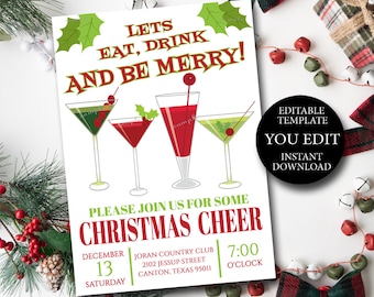 Christmas Party Invitation, Editable Invitation, Eat Drink and Be Merry Holiday invitation, Adult, YOU EDIT Instant Printable Invite, 035