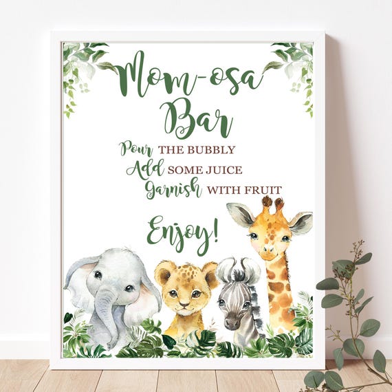Safari Baby Shower Mimosa Bar Sign Table Sign, Greenery Jungle Animal Mom-osa Bar Sign, Zoo Instant Download Matches Invitation P155