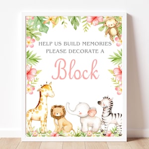 Girl Safari Decorate a Block game sign, Pink jungle animal shower game Safari Baby Shower activity INSTANT DOWNLOAD matches invitation P122