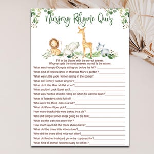 Juego de baby shower de safari, juego de preguntas y respuestas con rimas infantiles, vegetación, género neutro, niño o niña, vegetación, animales de la jungla, descarga instantánea imprimible P124