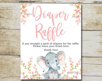 Girl Elephant Diaper Raffle Sign, Printable Pink Elephant Baby Shower Table sign,  INSTANT DOWNLOAD P292
