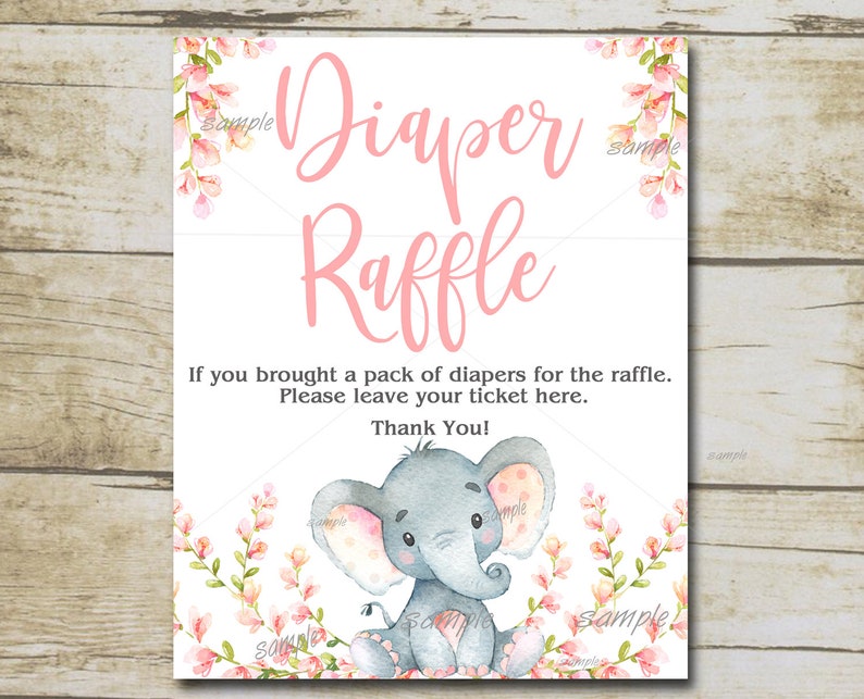 girl elephant diaper raffle sign printable pink elephant baby etsy