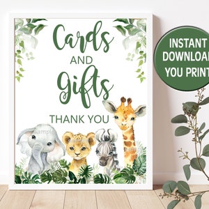 Safari bébé douche cartes et cadeaux signe, Jungle verdure cartes cadeaux Table signe, Jungle bébé douche Table signe téléchargement immédiat P155