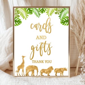 Gold Safari Baby Party Karten und Geschenke Zeichen, Karte Tischschild, Geschenke Tisch Zeichen, Safari Dschungel Tier Baby Party Schilder Instant Download P33