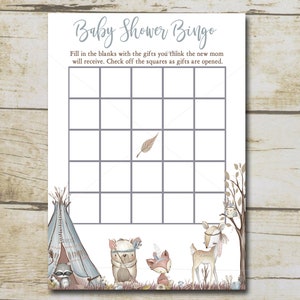 Woodland baby shower bingo game, Blue Boy Woodland Baby shower Game, Bingo cards, Woodland animals, Printable Instant download, P107