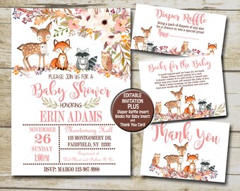 Floral Woodland Animals Baby Shower Invitation kit, Girl Editable invite template Book for Baby, Diaper Raffle & Thank You suite P01