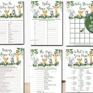 Peut inclure: Un ensemble de huit jeux de baby shower imprimables mettant en sc&egrave;ne des animaux de la jungle. Les jeux comprennent "Nommer le b&eacute;b&eacute; animal", "Course de noms de b&eacute;b&eacute;", "Bingo de baby shower", "Quiz de rimes de la cr&egrave;che", "Le prix est juste", et "Ce qu'il y a dans votre sac &agrave; main".