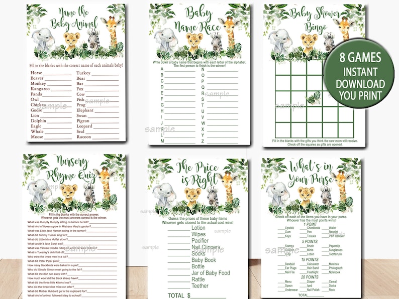 Peut inclure: Un ensemble de huit jeux de baby shower imprimables mettant en sc&egrave;ne des animaux de la jungle. Les jeux comprennent "Nommer le b&eacute;b&eacute; animal", "Course de noms de b&eacute;b&eacute;", "Bingo de baby shower", "Quiz de rimes de la cr&egrave;che", "Le prix est juste", et "Ce qu'il y a dans votre sac &agrave; main".