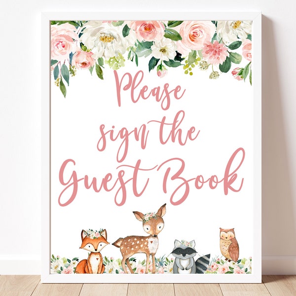 Woodland Guest Book, Sign Guest Book, Floral Girl Girl Baby Shower Pink Floral woodland animals  INSTANT DOWNLOAD matches invitation P116