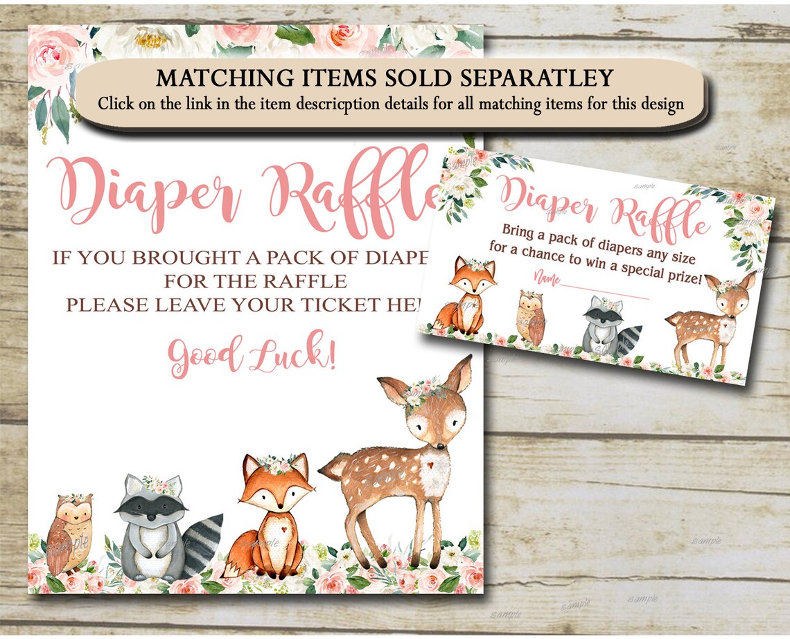 Woodland Baby Shower Diaper Raffle Sign Girl Floral Printable Etsy