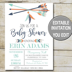 Tribal Baby Shower Invitation template, Bohemian baby shower, blue orange, pow wow teal feather aztec Editable invite, INSTANT DOWNLOAD P68