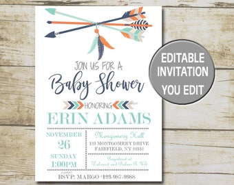 Tribal Baby Shower Invitation template, Bohemian baby shower, blue orange, pow wow teal feather aztec Editable invite, INSTANT DOWNLOAD P68