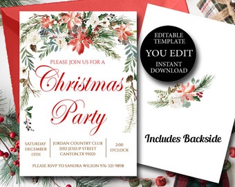 Editable Christmas Party Invitation, Editable Invitation Template, Holiday invitation, Rustic YOU EDIT Printable Instant Download 033