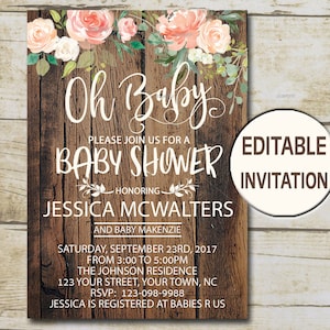 Rustic Baby Shower Invitation, Editable Invitation, Oh Baby Shower invite, Girl Baby Shower Peach Floral watercolor flowers  P26