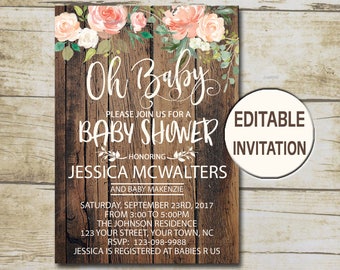 Rustic Baby Shower Invitation, Editable Invitation, Oh Baby Shower invite, Girl Baby Shower Peach Floral watercolor flowers  P26