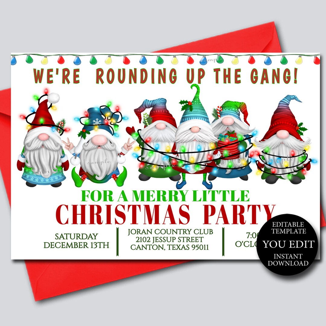 Christmas Party Invitation, Gnomes Funny Holiday Invitation Editable