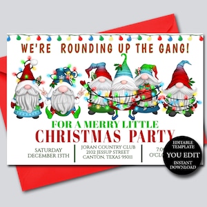 Gnomes Christmas Party Invitation, Funny Holiday invitation Editable digital template, YOU EDIT, Printable Invitation, Instant Download 162
