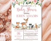 Girl Woodland Baby Shower Invitation, Editable Baby shower template, Pink floral Printable invite, forest animals INSTANT DOWNLOAD P116