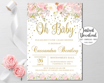 May include: A white baby shower invitation with gold glitter text that reads "Oh Baby". The invitation features a floral design with pink roses and green leaves. The text also includes the date, time, and location of the shower, as well as the name of the guest of honor, Cassandra Bentley.