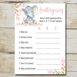 Girl Elephant Baby Shower Game, Scattergories Game, Pink elephant safari baby shower activity, ABC  Printable game Instant Download P292