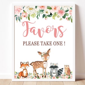 Girl Woodland Baby Shower Favors Sign, Pink Floral Baby Shower Party favors sign, Printable INSTANT DOWNLOAD matches invitation P116