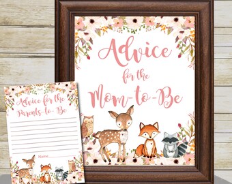 Woodland Advice for Mom card and sign, Floral  Pink Girl printable advice for mom to be  Printable INSTANT DOWNLOAD  matches invitation P01A