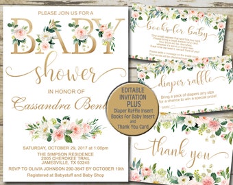 Floral Baby Shower Invitation set, Editable invite template, Books for Baby, Diaper Raffle & Thank You bundle kit INSTANT DOWNLOAD P117