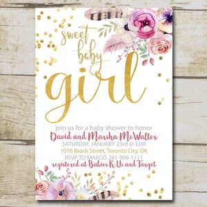 May include: A baby shower invitation with a gold glitter background and pink floral accents. The text reads "Sweet Baby Girl" and includes details for the event, including the date, time, location, and RSVP information. The invitation also states that the couple is registered at Babies R Us and Target.