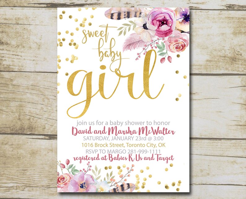 May include: A baby shower invitation with a gold glitter background and pink floral accents. The text reads "Sweet Baby Girl" and includes details for the event, including the date, time, location, and RSVP information. The invitation also states that the couple is registered at Babies R Us and Target.