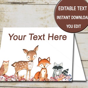 Woodland Baby Shower, Editable Tent Cards Woodland Food Cards, Buffet Labels, Food tent card, Baby Shower, Printable - INSTANT DOWNLOAD  P01