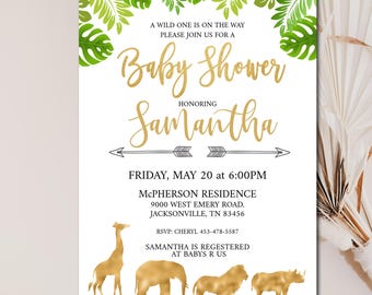 Jungle Animal Baby Shower Invitation template, Editable You Edit, Gold safari Baby Shower, Greenery Safari baby shower, INSTANT DOWNLOAD P33