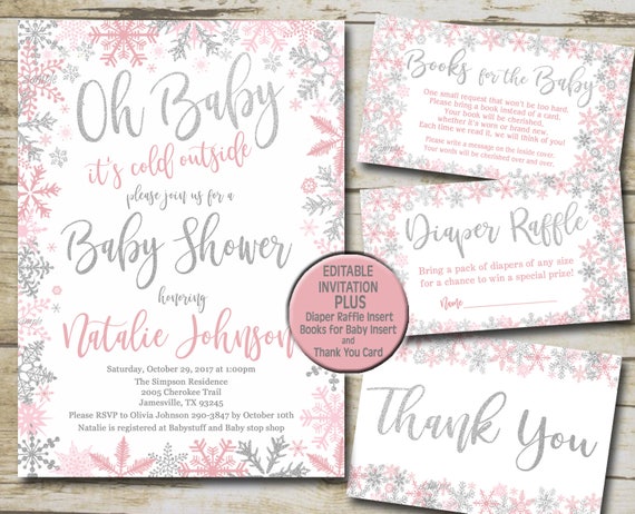 Girl Snowflake Baby Shower Invitation Set Editable Invite Book Etsy Girl Snowflake Baby Shower Invitation Set Editable Invite Book Etsy