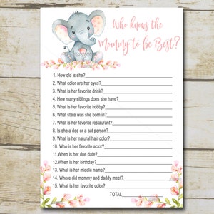 Pink Girl Elephant Baby Shower Game, Who Knows Mommy Best, safari baby shower quiz, floral elephant shower, Printable Instant Download P292