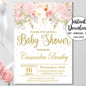 Gold Glitter Baby Shower Invitation template, Editable, Girl Baby Shower Invitation Blush Pink flowers invite INSTANT DOWNLOAD P55