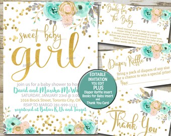 Floral Baby Shower Invitation set, coral peach mint baby shower baby girl invites, Diaper Raffle, Book Request gold  Floral invitation  P57