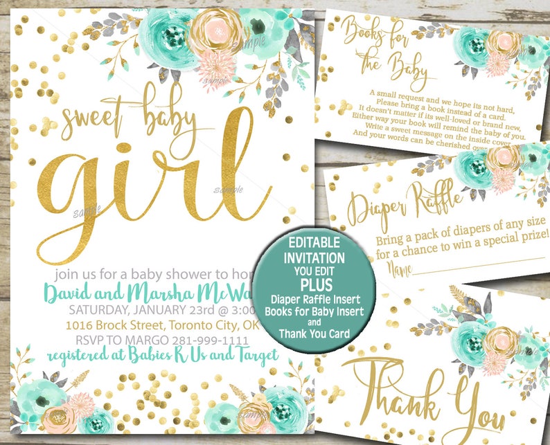 Floral Baby Shower Invitation Set Coral Peach Mint Baby Etsy