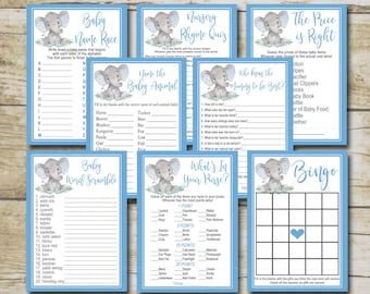 Blue Boy Elephant Baby Shower Game Paket Set, 8 druckbare Elefanten Safari Dusche Spiele Party Pack, druckbare Instant Download P19
