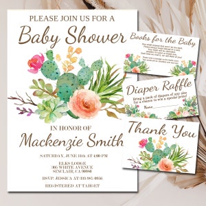 Succulent Baby Shower Invitation set, Editable Invitation template Books for Baby Diaper Raffle & Thank You Cactus Boho Baby Shower kit  P13