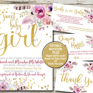 Floral Boho Baby Shower Invitation set, Pink Watercolor flower gold confetti baby shower invite, Thank You, Diaper Raffle, Book Request  P49