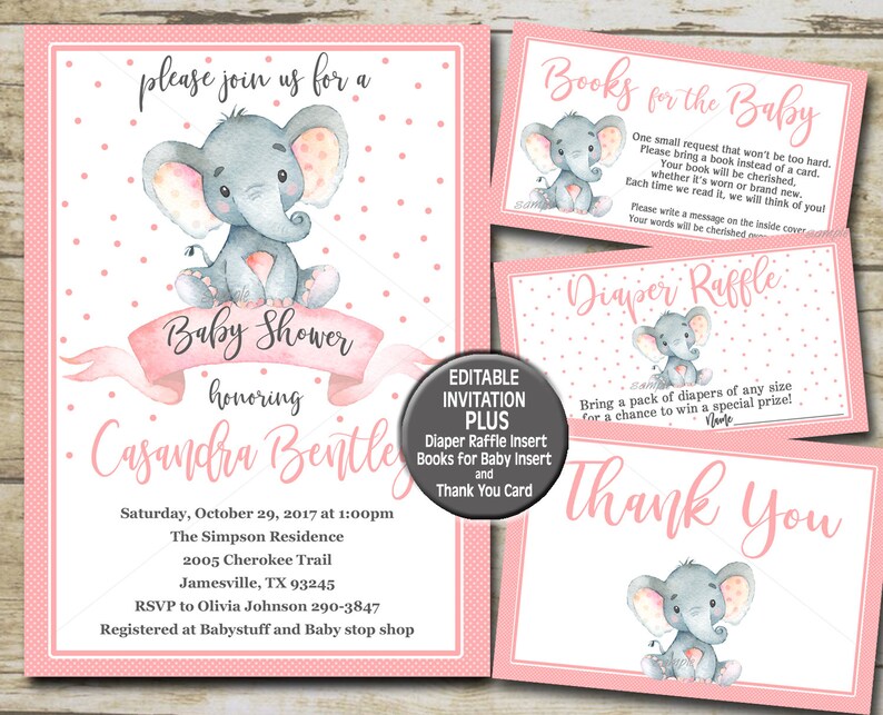 Elephant Baby Shower Invitation Kit Pink Editable Invite Etsy