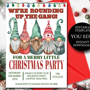 Gnomes Christmas Party Invitation, Editable Invite Template, Fun Holiday invitation YOU EDIT, Printable Invitation, Instant Download 160 162