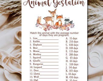 Woodland Baby Shower Game, Animal Gestation Game,  Animal Pregnancy Game quiz, Woodland Forest animals, Printable Instant Download P01