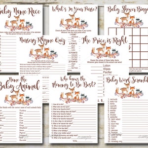Woodland Baby Shower Game Package, 8 jeux imprimables, Woodland animaux de la forêt Baby Shower Game party pack, imprimable Téléchargement instantané P01