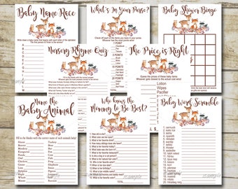 Wald-Baby-Dusche-Spiel-Paket, 8 druckbare Spiele, Woodland Waldtiere Baby-Dusche-Spiel-Party-Pack, druckbarer Instant Download P01